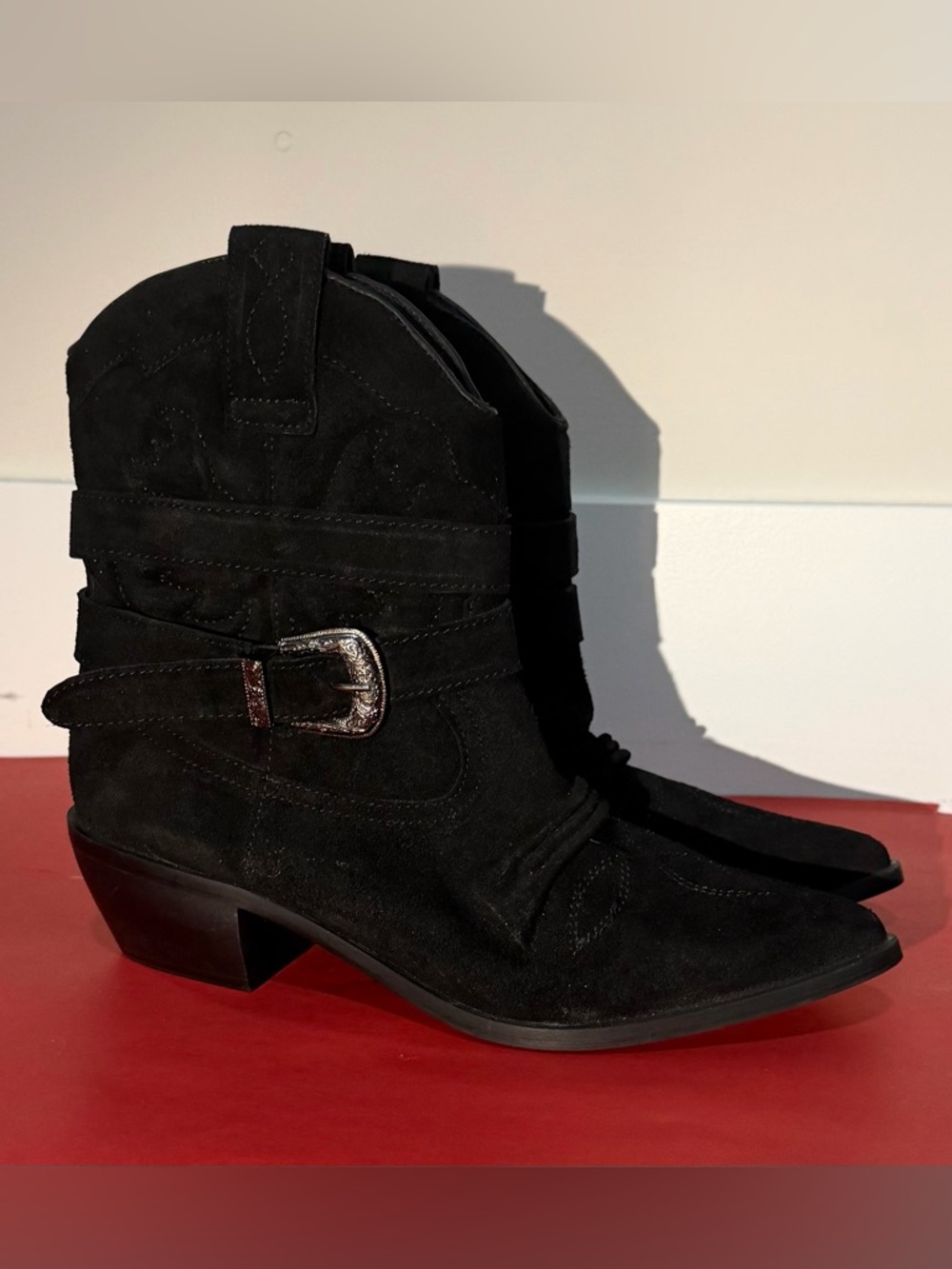Women's Black Suede Western Ankle Boots with Buckle